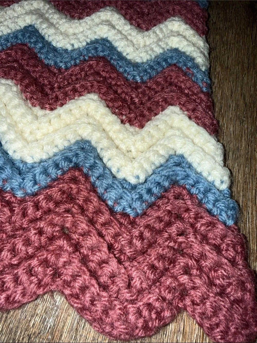 Handmade Chevron Crochet Throw - Cream, Dusty Blue & Burgundy